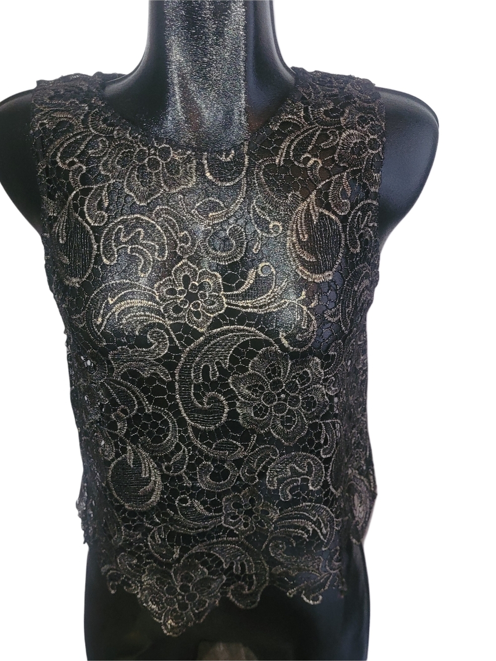 Sans Souci Black And Gold Lace Sheer Sleeveless Top Size M